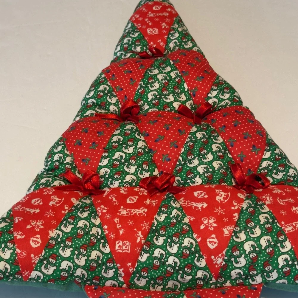 Handmade Quilted Christmas Tree Pillow Red Green Snowman Patchwork Wall Hanging‎
